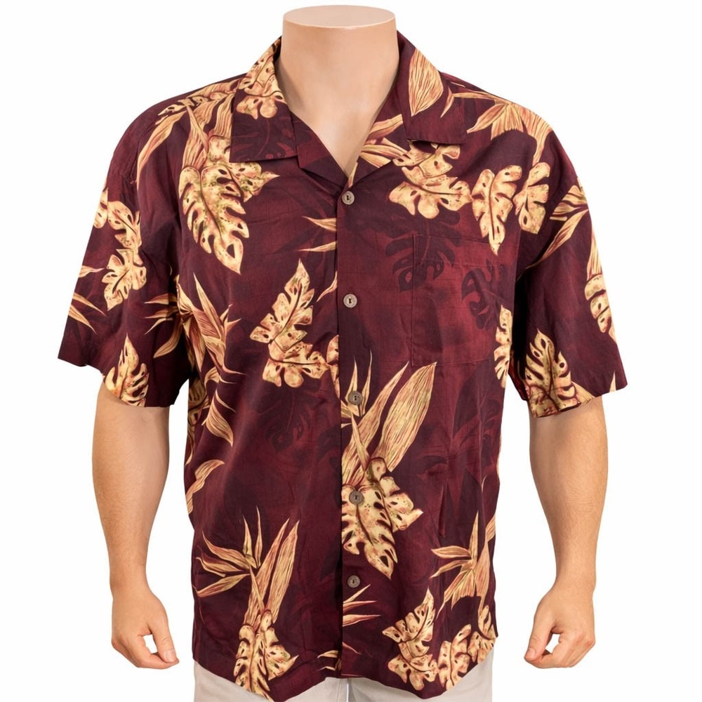 Toes On The Nose Hawaiian Aloha Shirt Large Bird Of Paradise Flowers Maroon